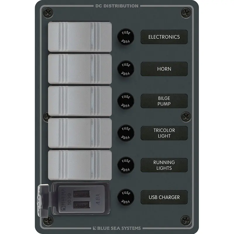 Blue Sea 8121 - 5 Position Contura Switch Panel W/Dual Usb Chargers - 12/24V Dc - Black [8121] 1