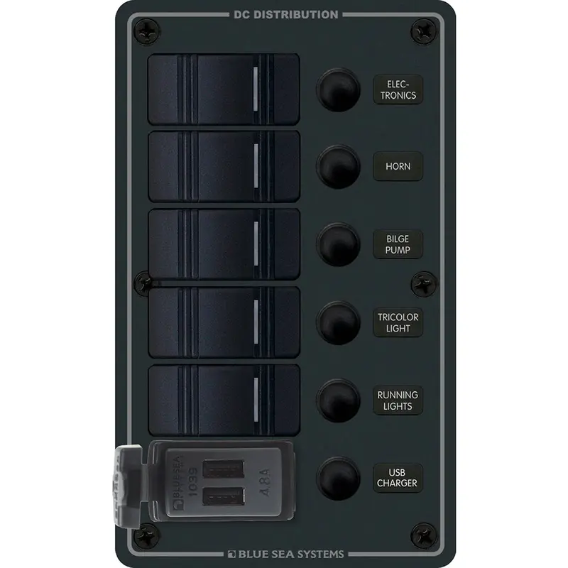 Blue Sea 8521 - 5 Position Contura Switch Panel W/Dual Usb Chargers - 12/24V Dc - Black [8521] 1