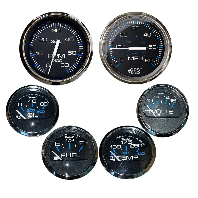 Faria Chesapeake Black W/Stainless Steel Bezel Boxed Set Of 6 - Speed, Tach, Fuel Level, Voltmeter, Water Temperature  Oil Psi - Inboard Motors  [Ktf064] 1