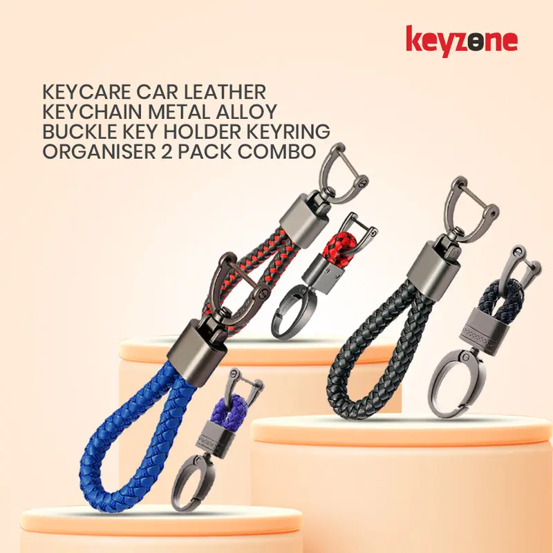 Keycare Car Leather Keychain Metal Alloy Buckle Key Holder Keyring Organiser 2 Pack Combo (Leather Thread + Alloykh) 2
