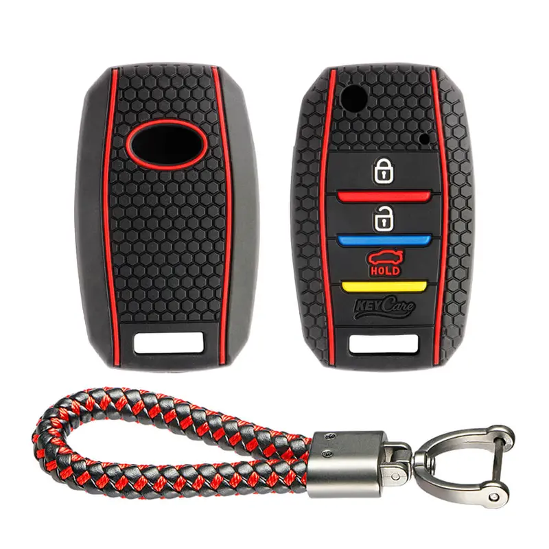 Keycare Silicone Key Cover And Keyring Fit For : Seltos, Sonet, Carens 3 Button Flip Key (Kc-35, Leather Thread Keychain) 1