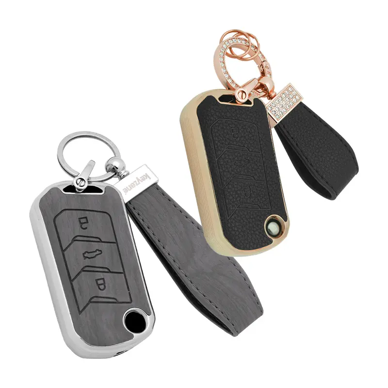 Keyzone Combo Pack – Woodgrain & Litchi Leather Tpu Key Covers & Keychain For Thar, Thar Roxx, Bolero, Scorpio, Xuv700, Xuv400, Xuv3x0, Xuv300, Tuv300, Marazzo Flip Key 1