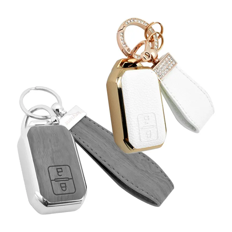 Keyzone Combo Pack – Woodgrain & Litchi Leather Tpu Key Covers & Keychain (Wdtp05 & Bltp05) For Victoris, Baleno, Jimny, Swift, Ertiga, Grand Vitara, Xl6, Brezza, Fronx, Dzire, Glanza, Urban Cruiser Hyryder 2 Button Smart Key 1