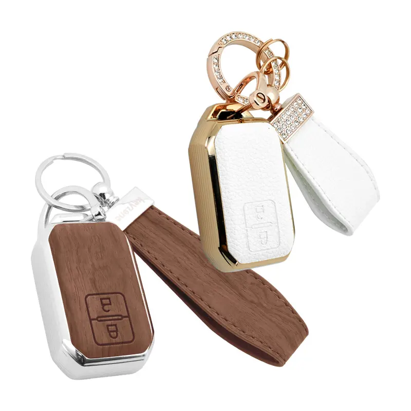 Keyzone Combo Pack – Woodgrain & Litchi Leather Tpu Key Covers & Keychain (Wdtp05 & Bltp05) For Victoris, Baleno, Jimny, Swift, Ertiga, Grand Vitara, Xl6, Brezza, Fronx, Dzire, Glanza, Urban Cruiser Hyryder 2 Button Smart Key 2