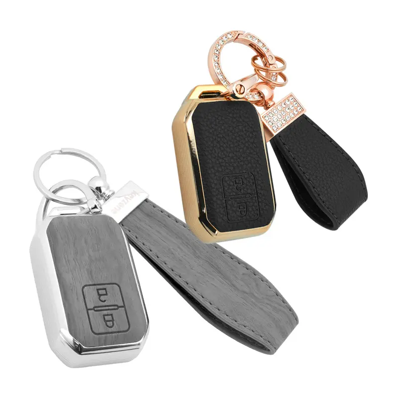 Keyzone Combo Pack – Woodgrain & Litchi Leather Tpu Key Covers & Keychain (Wdtp05 & Bltp05) For Victoris, Baleno, Jimny, Swift, Ertiga, Grand Vitara, Xl6, Brezza, Fronx, Dzire, Glanza, Urban Cruiser Hyryder 2 Button Smart Key 3