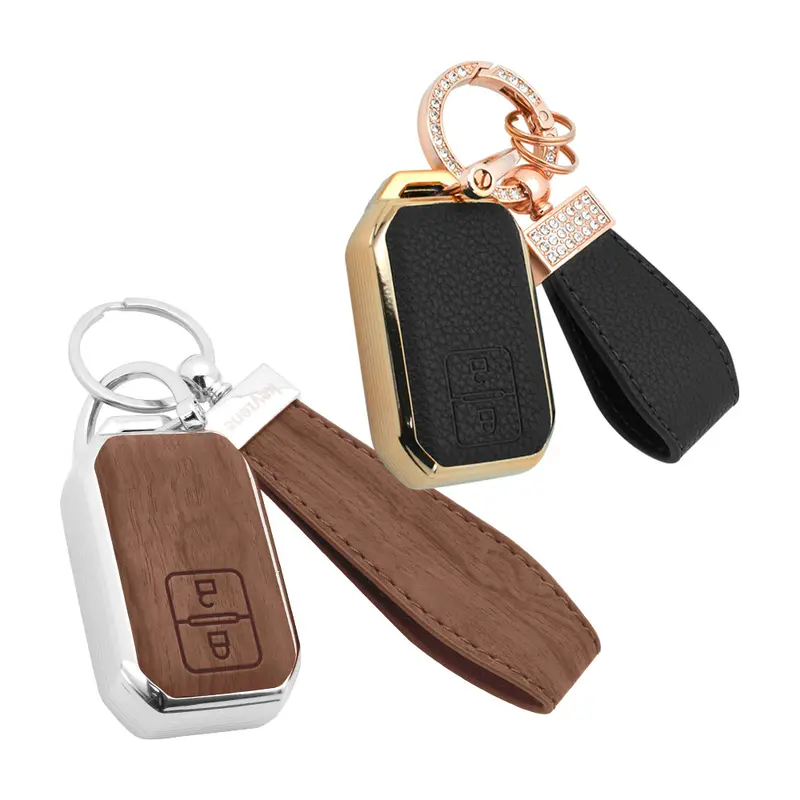 Keyzone Combo Pack – Woodgrain & Litchi Leather Tpu Key Covers & Keychain (Wdtp05 & Bltp05) For Victoris, Baleno, Jimny, Swift, Ertiga, Grand Vitara, Xl6, Brezza, Fronx, Dzire, Glanza, Urban Cruiser Hyryder 2 Button Smart Key 4