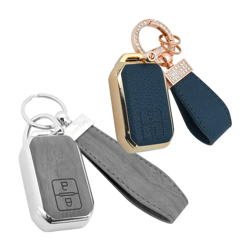 Keyzone Combo Pack – Woodgrain & Litchi Leather Tpu Key Covers & Keychain (Wdtp05 & Bltp05) For Victoris, Baleno, Jimny, Swift, Ertiga, Grand Vitara, Xl6, Brezza, Fronx, Dzire, Glanza, Urban Cruiser Hyryder 2 Button Smart Key 5