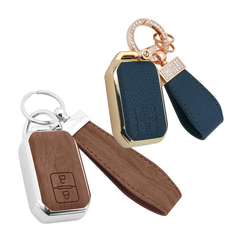 Keyzone Combo Pack – Woodgrain & Litchi Leather Tpu Key Covers & Keychain (Wdtp05 & Bltp05) For Victoris, Baleno, Jimny, Swift, Ertiga, Grand Vitara, Xl6, Brezza, Fronx, Dzire, Glanza, Urban Cruiser Hyryder 2 Button Smart Key 6