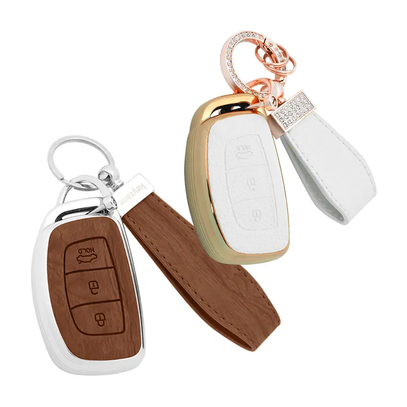 Keyzone Combo Pack – Woodgrain & Litchi Leather Tpu Key Covers & Keychain (Wdtp07 & Bltp07) For Exter, Creta, I20, Aura, Xcent, Tucson, Elantra, Verna, Grand I10 3 Button Smart Key 1
