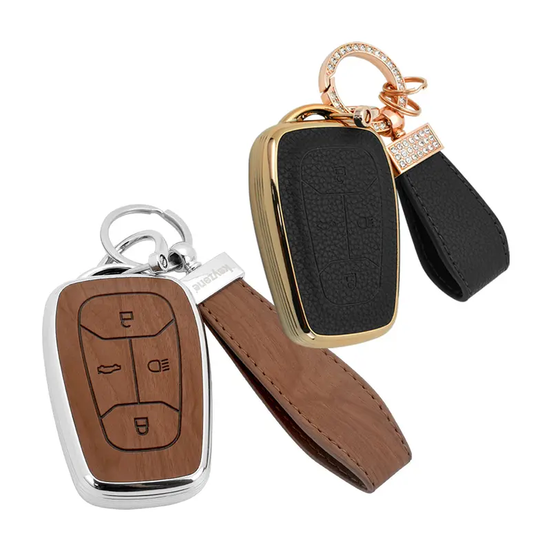 Keyzone Combo Pack – Woodgrain & Litchi Leather Tpu Key Covers & Keychain (Wdtp08 & Bltp08) For Nexon, Harrier, Safari, Altroz, Punch, Tigor Smart Key 1