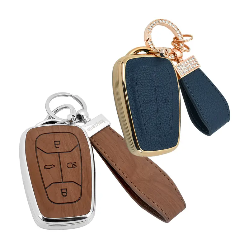 Keyzone Combo Pack – Woodgrain & Litchi Leather Tpu Key Covers & Keychain (Wdtp08 & Bltp08) For Nexon, Harrier, Safari, Altroz, Punch, Tigor Smart Key 3