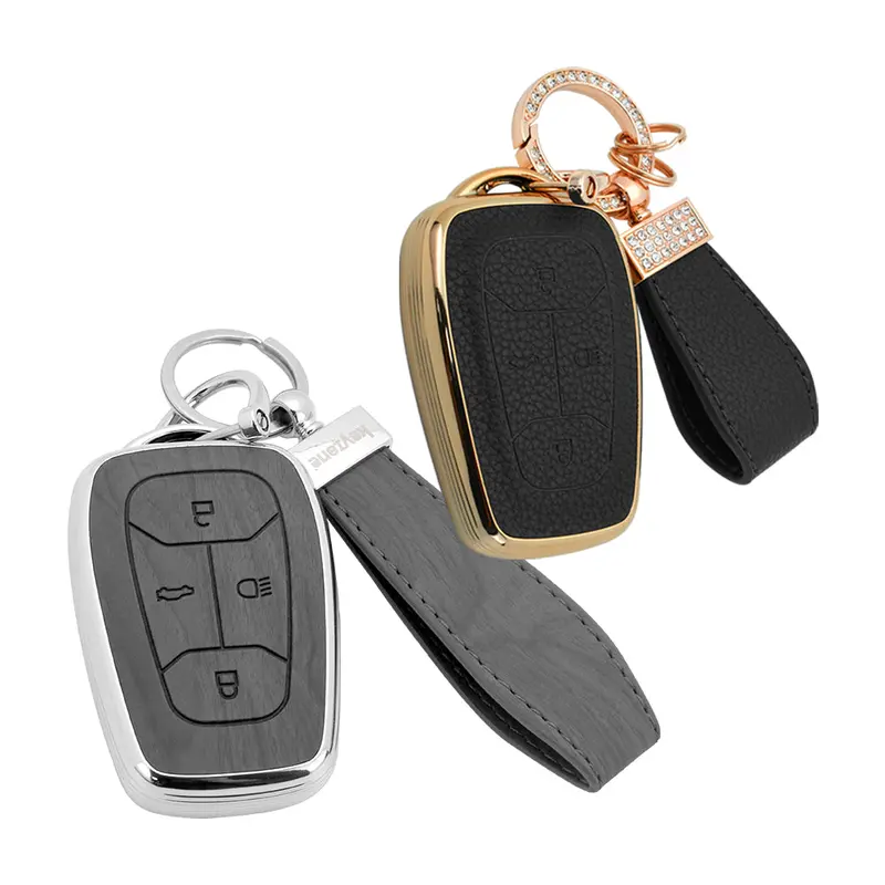 Keyzone Combo Pack – Woodgrain & Litchi Leather Tpu Key Covers & Keychain (Wdtp08 & Bltp08) For Nexon, Harrier, Safari, Altroz, Punch, Tigor Smart Key 4