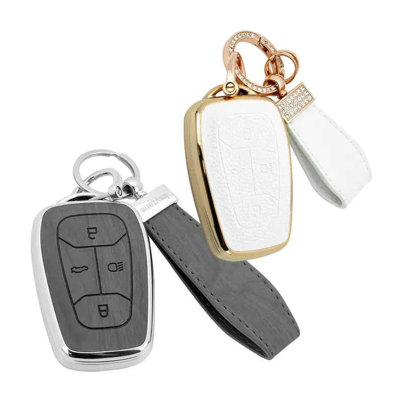 Keyzone Combo Pack – Woodgrain & Litchi Leather Tpu Key Covers & Keychain (Wdtp08 & Bltp08) For Nexon, Harrier, Safari, Altroz, Punch, Tigor Smart Key 5