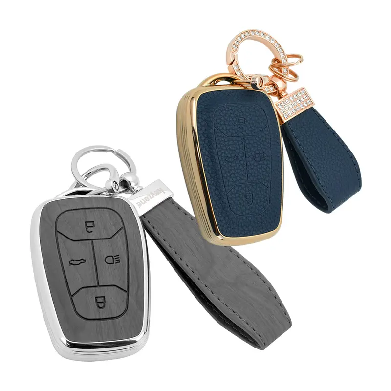 Keyzone Combo Pack – Woodgrain & Litchi Leather Tpu Key Covers & Keychain (Wdtp08 & Bltp08) For Nexon, Harrier, Safari, Altroz, Punch, Tigor Smart Key 6