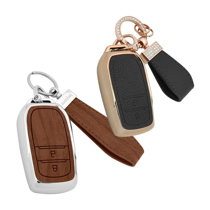 Keyzone Combo Pack – Woodgrain & Litchi Leather Tpu Key Covers & Keychain (Wdtp18_2B & Bltp18_2B) For Innova Crysta, Innova Hycross, Hilux 2 Button Smart Key 1