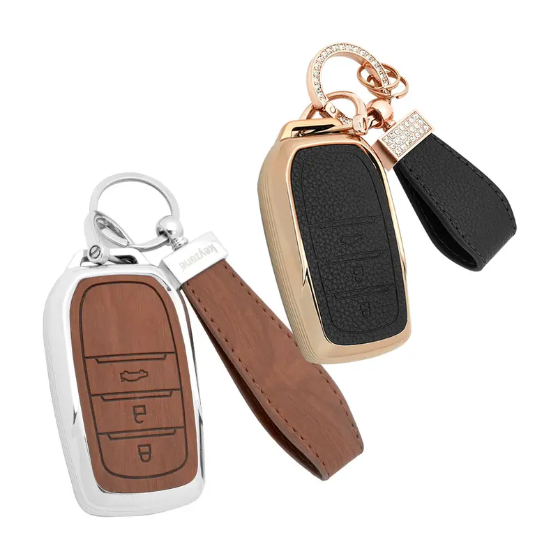 Keyzone Combo Pack – Woodgrain & Litchi Leather Tpu Key Covers & Keychain (Wdtp18_3B & Bltp18_3B) For Fortuner, Legender, Land Cruiser, Invicto 3 Button Smart Key 1