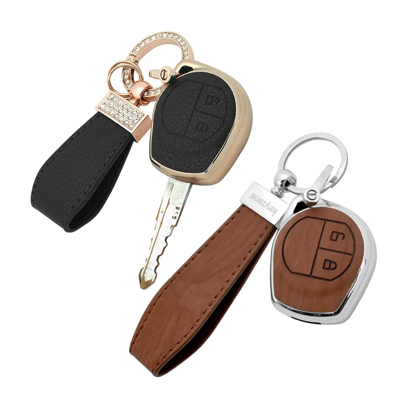 Keyzone Combo Pack – Woodgrain & Litchi Leather Tpu Key Covers & Keychain (Wdtp23 & Bltp23) For Fronx, Jimny, Swift, Dzire, Xl6, Ignis, Grand Vitara, Brezza, Wagonr, Celerio, Ertiga, Ciaz, Scross, Baleno, Alto 2B Remote Key 1