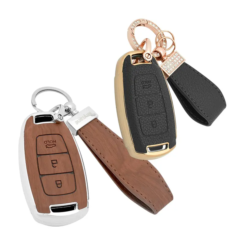 Keyzone Combo Pack – Woodgrain & Litchi Leather Tpu Key Covers & Keychain (Wdtp41 & Bltp41) For I20, Kona, Verna 3 Button Smart Key 1