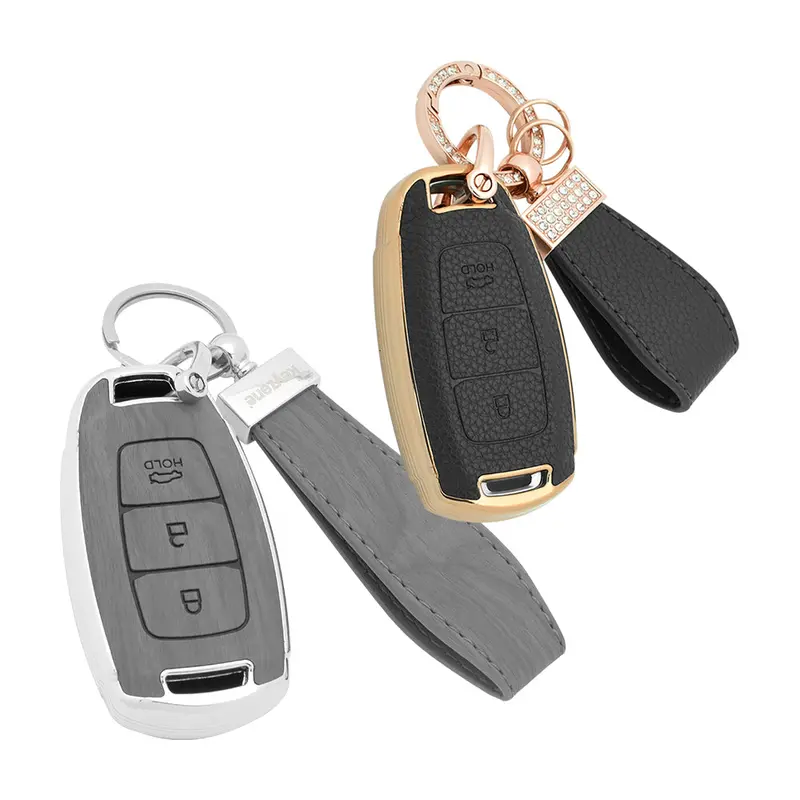 Keyzone Combo Pack – Woodgrain & Litchi Leather Tpu Key Covers & Keychain (Wdtp41 & Bltp41) For I20, Kona, Verna 3 Button Smart Key 2