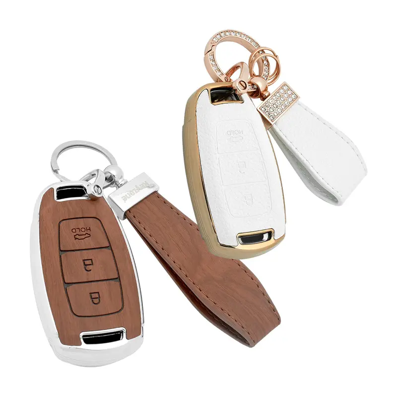 Keyzone Combo Pack – Woodgrain & Litchi Leather Tpu Key Covers & Keychain (Wdtp41 & Bltp41) For I20, Kona, Verna 3 Button Smart Key 3