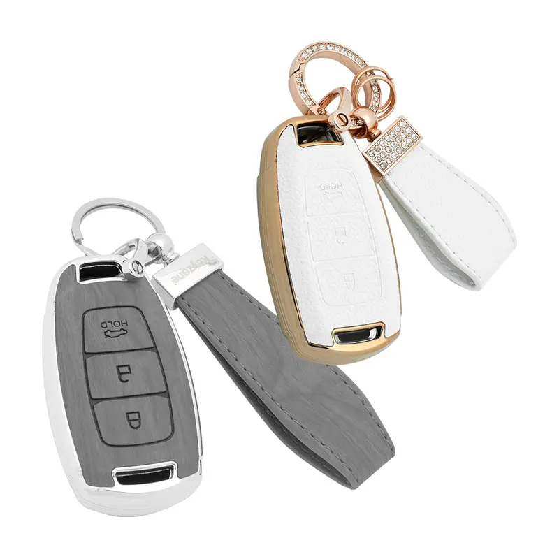 Keyzone Combo Pack – Woodgrain & Litchi Leather Tpu Key Covers & Keychain (Wdtp41 & Bltp41) For I20, Kona, Verna 3 Button Smart Key 4