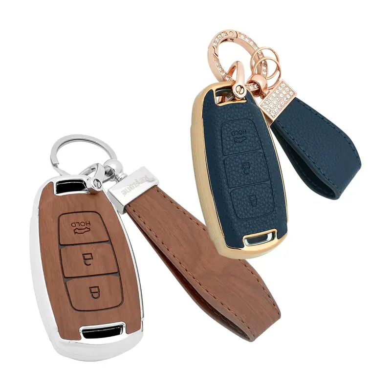 Keyzone Combo Pack – Woodgrain & Litchi Leather Tpu Key Covers & Keychain (Wdtp41 & Bltp41) For I20, Kona, Verna 3 Button Smart Key 5