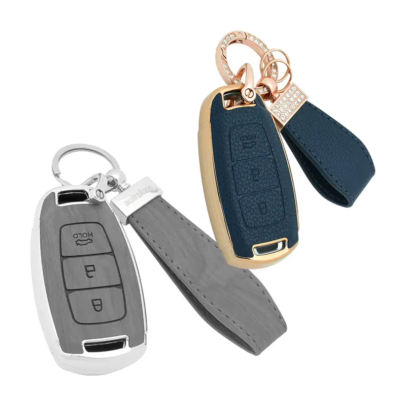 Keyzone Combo Pack – Woodgrain & Litchi Leather Tpu Key Covers & Keychain (Wdtp41 & Bltp41) For I20, Kona, Verna 3 Button Smart Key 6