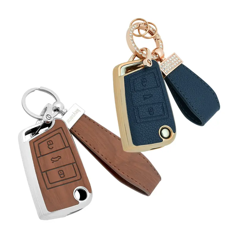 Keyzone Combo Pack – Woodgrain & Litchi Leather Tpu Key Covers & Keychain (Wdtp44 & Bltp44) For Virtus, Tiguan, T-Roc, Taigun, Jetta, Octavia, Karoq, Superb, Kodiaq, Slavia Flip Key 1