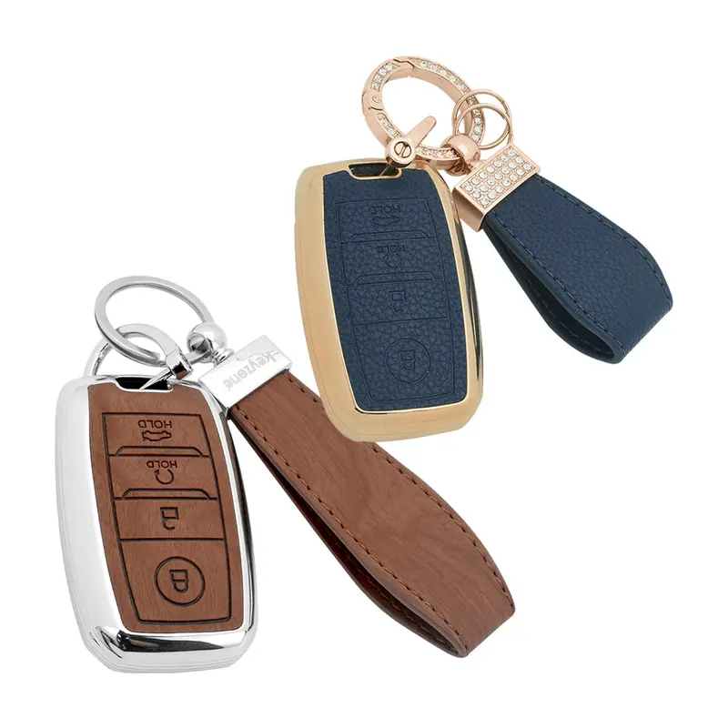Keyzone Combo Pack – Woodgrain & Litchi Leather Tpu Key Covers & Keychain (Wdtp61 & Bltp61) For Sonet, Seltos, Carens, Sonet X-Line 4 Button Smart Key 1