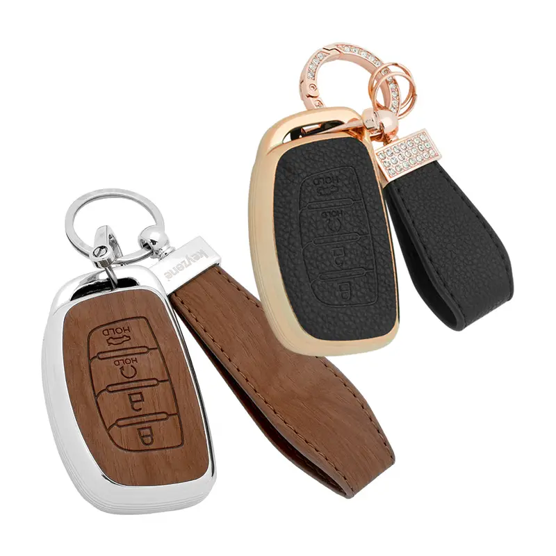 Keyzone Combo Pack – Woodgrain & Litchi Leather Tpu Key Covers & Keychain (Wdtp67 & Bltp67) For Alcazar, Creta 4 Button Smart Key 1