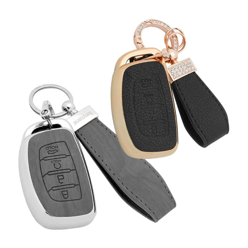 Keyzone Combo Pack – Woodgrain & Litchi Leather Tpu Key Covers & Keychain (Wdtp67 & Bltp67) For Alcazar, Creta 4 Button Smart Key 2