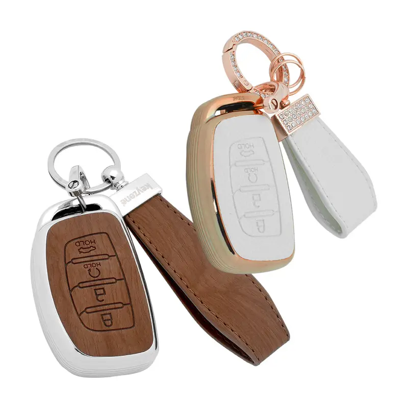 Keyzone Combo Pack – Woodgrain & Litchi Leather Tpu Key Covers & Keychain (Wdtp67 & Bltp67) For Alcazar, Creta 4 Button Smart Key 3