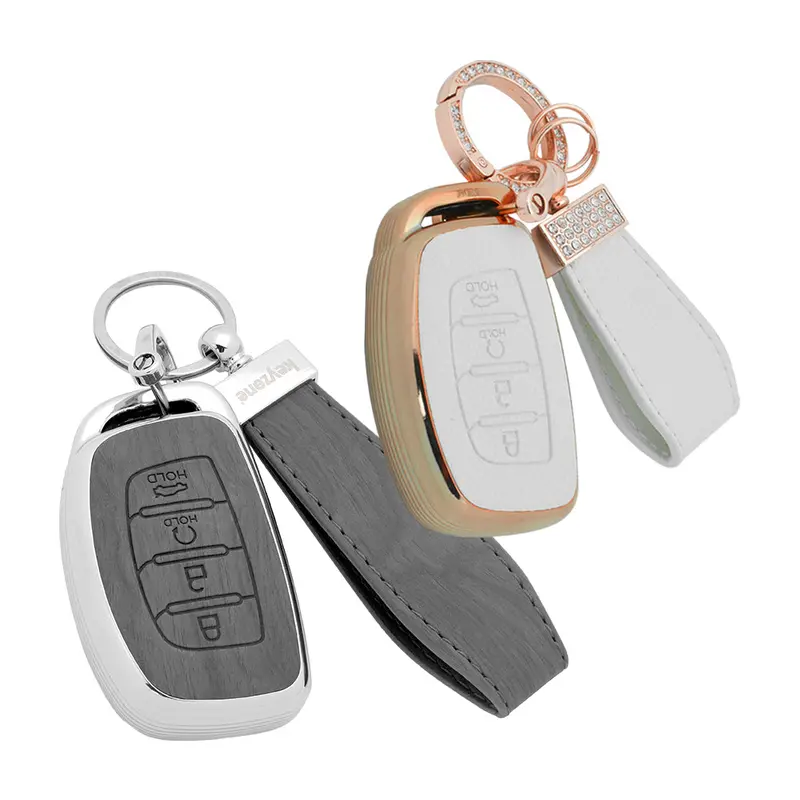 Keyzone Combo Pack – Woodgrain & Litchi Leather Tpu Key Covers & Keychain (Wdtp67 & Bltp67) For Alcazar, Creta 4 Button Smart Key 4