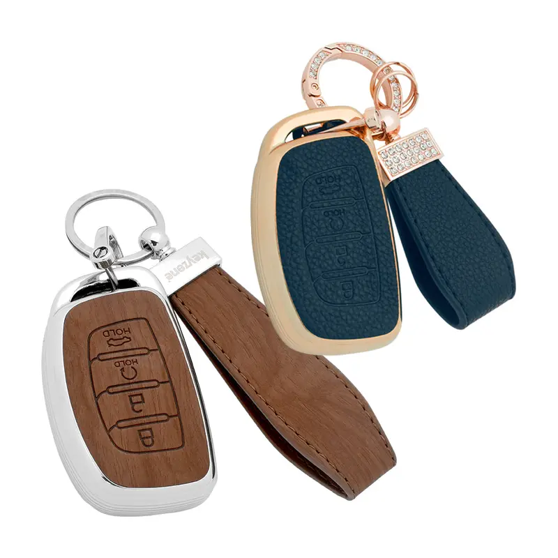 Keyzone Combo Pack – Woodgrain & Litchi Leather Tpu Key Covers & Keychain (Wdtp67 & Bltp67) For Alcazar, Creta 4 Button Smart Key 5