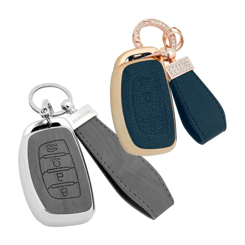 Keyzone Combo Pack – Woodgrain & Litchi Leather Tpu Key Covers & Keychain (Wdtp67 & Bltp67) For Alcazar, Creta 4 Button Smart Key 6