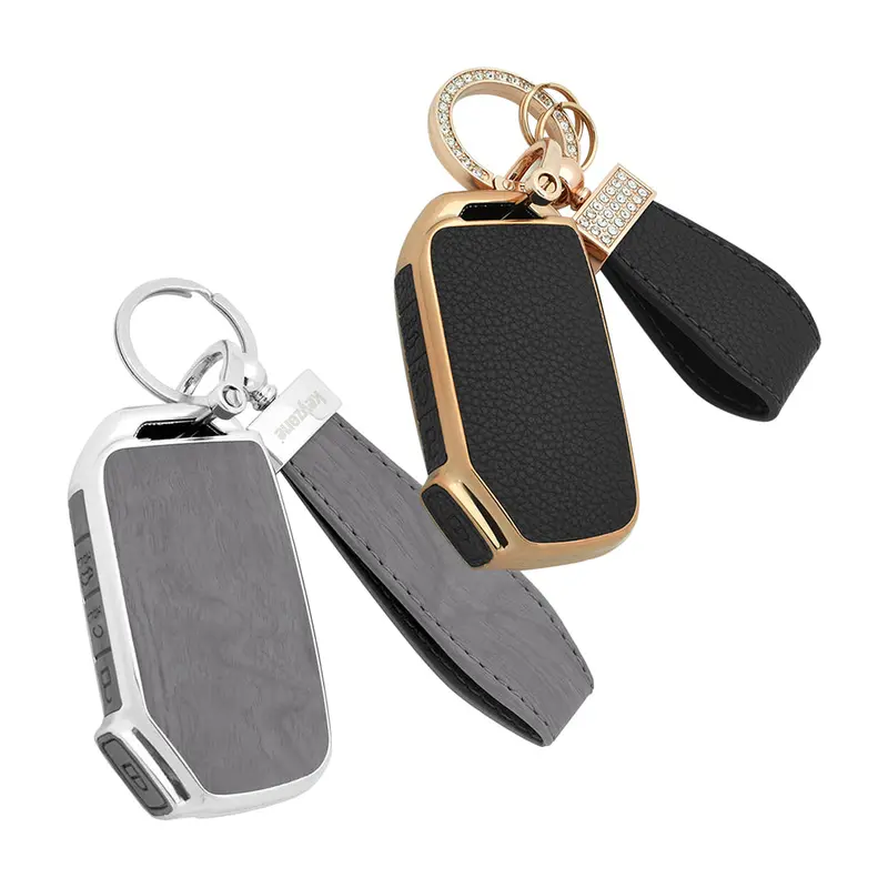 Keyzone Combo Pack – Woodgrain & Litchi Leather Tpu Key Covers & Keychain (Wdtp77 & Bltp77) For Kia Carens Clavis, Seltos, Sonet 2023 Onwards 4 Button Smart Key 1