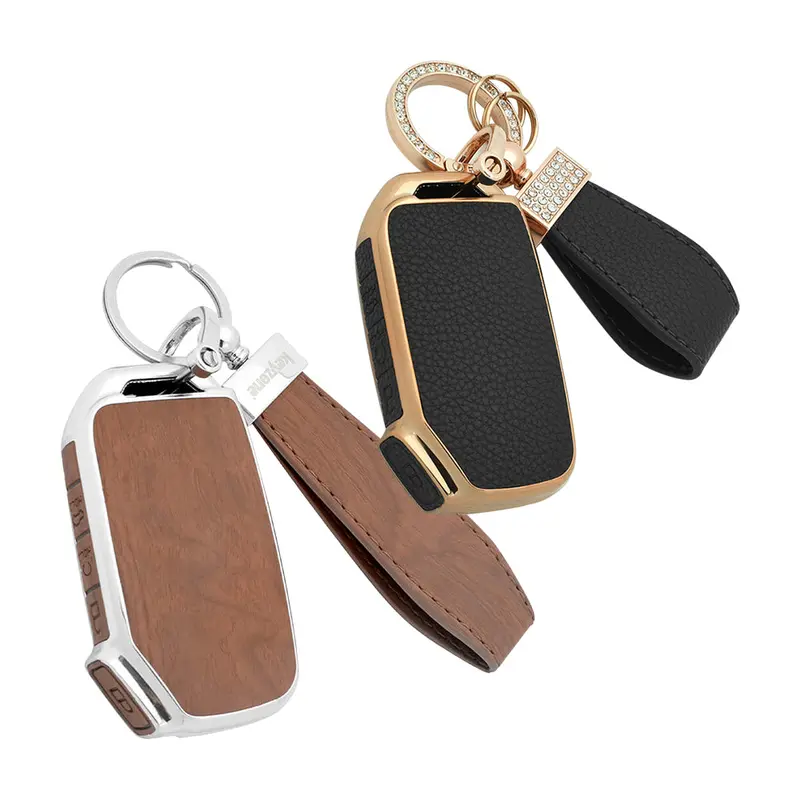 Keyzone Combo Pack – Woodgrain & Litchi Leather Tpu Key Covers & Keychain (Wdtp77 & Bltp77) For Kia Carens Clavis, Seltos, Sonet 2023 Onwards 4 Button Smart Key 2