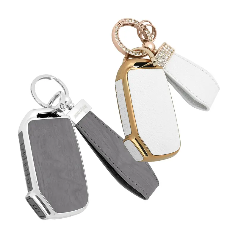 Keyzone Combo Pack – Woodgrain & Litchi Leather Tpu Key Covers & Keychain (Wdtp77 & Bltp77) For Kia Carens Clavis, Seltos, Sonet 2023 Onwards 4 Button Smart Key 3