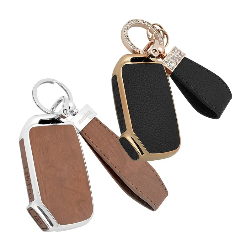 Keyzone Combo Pack – Woodgrain & Litchi Leather Tpu Key Covers & Keychain (Wdtp79 & Bltp79) For Seltos, Sonet, Carens 3 Button Smart Key 1