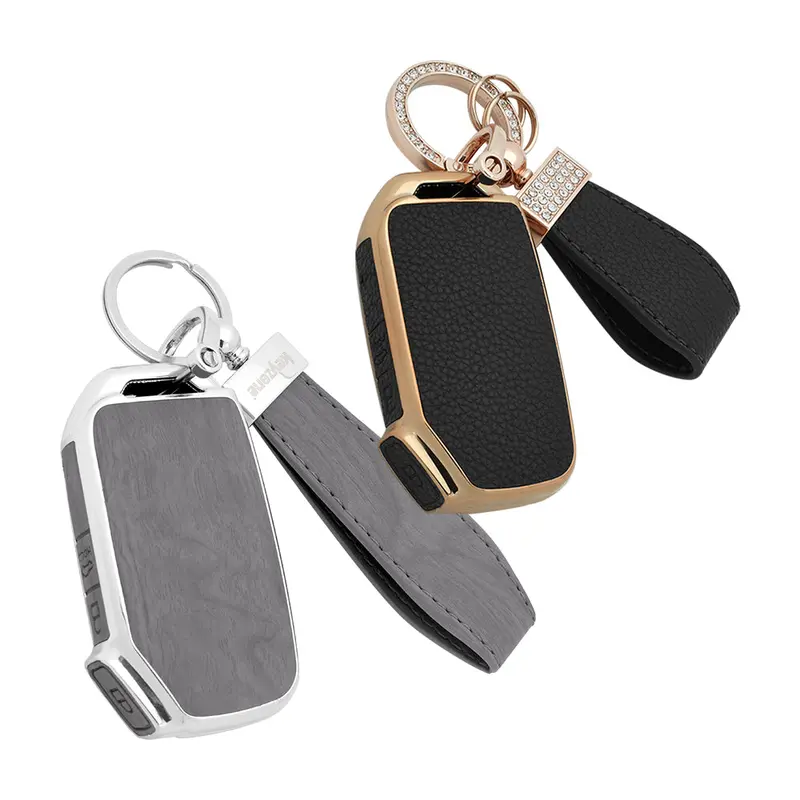 Keyzone Combo Pack – Woodgrain & Litchi Leather Tpu Key Covers & Keychain (Wdtp79 & Bltp79) For Seltos, Sonet, Carens 3 Button Smart Key 2