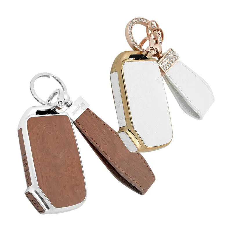 Keyzone Combo Pack – Woodgrain & Litchi Leather Tpu Key Covers & Keychain (Wdtp79 & Bltp79) For Seltos, Sonet, Carens 3 Button Smart Key 3