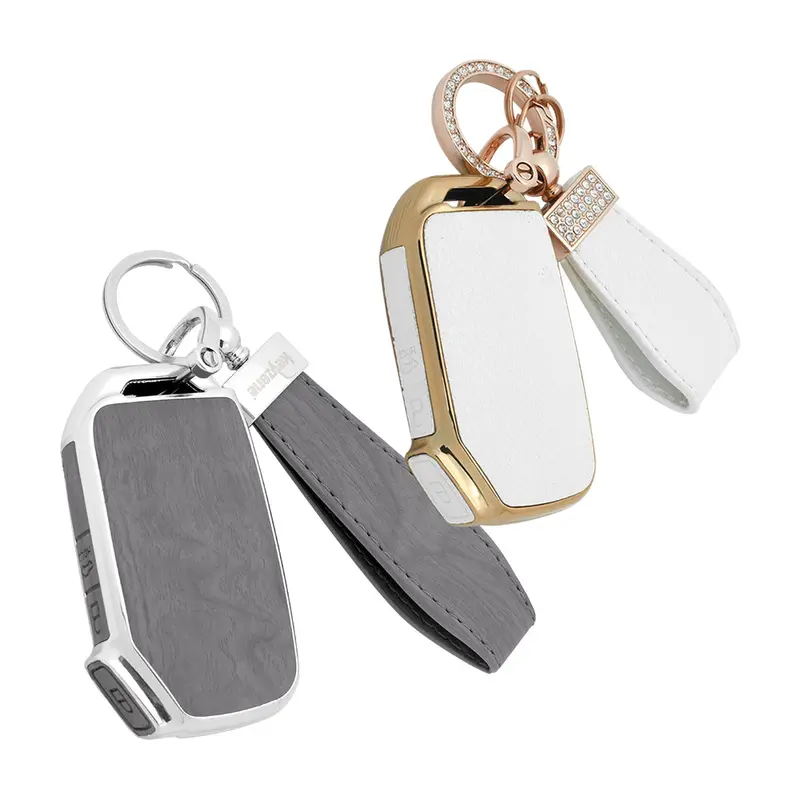 Keyzone Combo Pack – Woodgrain & Litchi Leather Tpu Key Covers & Keychain (Wdtp79 & Bltp79) For Seltos, Sonet, Carens 3 Button Smart Key 4
