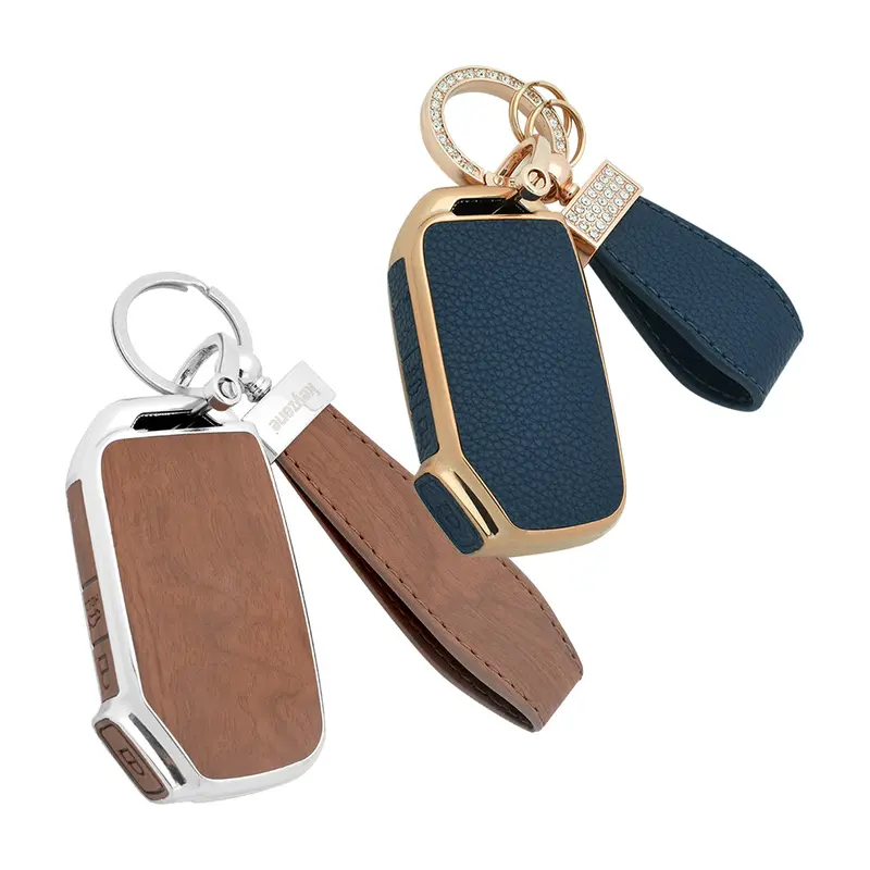 Keyzone Combo Pack – Woodgrain & Litchi Leather Tpu Key Covers & Keychain (Wdtp79 & Bltp79) For Seltos, Sonet, Carens 3 Button Smart Key 5