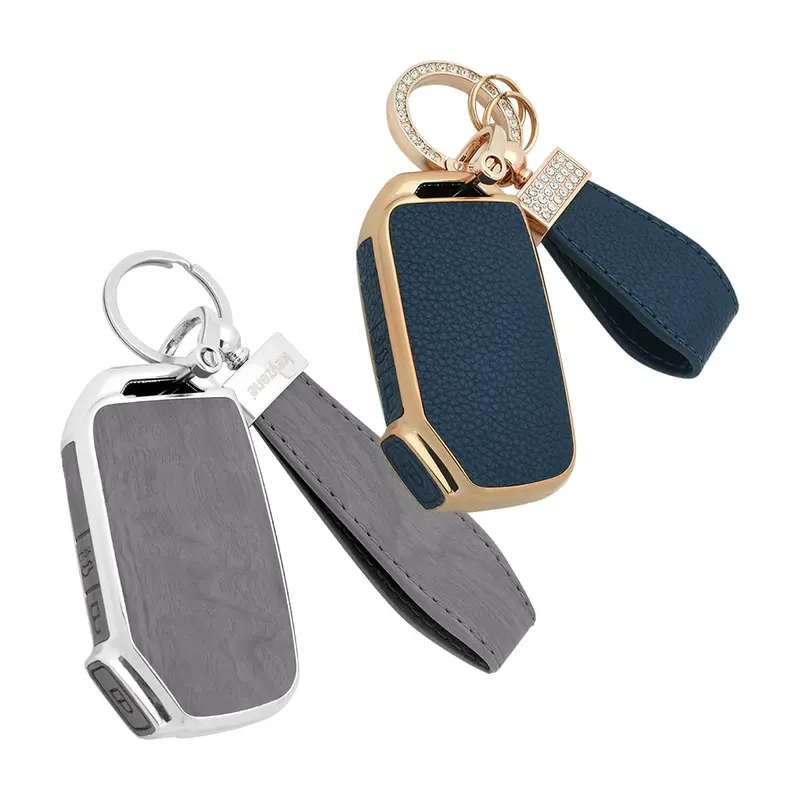 Keyzone Combo Pack – Woodgrain & Litchi Leather Tpu Key Covers & Keychain (Wdtp79 & Bltp79) For Seltos, Sonet, Carens 3 Button Smart Key 6