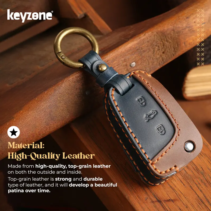 Keyzone Dual Leather Key Cover For Virtus, Kylaq, Slavia, Kodiaq, Kushaq, Taigun, Tiguan, Octavia, Jetta, Superb, Karoq, T-Roc 3 Button Flip Key (Kdl44) 2