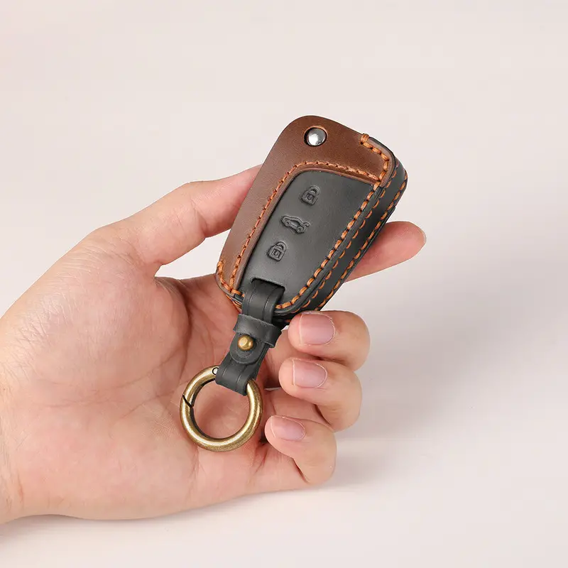 Keyzone Dual Leather Key Cover For Virtus, Kylaq, Slavia, Kodiaq, Kushaq, Taigun, Tiguan, Octavia, Jetta, Superb, Karoq, T-Roc 3 Button Flip Key (Kdl44) 2