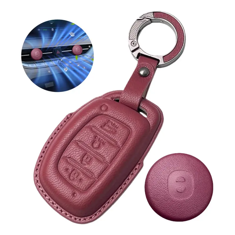 Keyzone Leather Key Cover & Ac Vent Car Perfume With 4 Fragrances For Hyundai Alcazar, Creta Ev, Creta 2021 Onwards 4 Button Smart Key(Pk67) 1