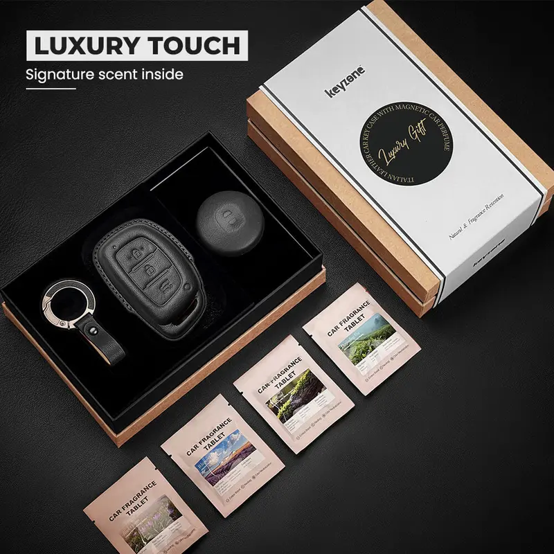 Keyzone Leather Key Cover & Ac Vent Car Perfume With 4 Fragrances For Hyundai I20, Creta, Venue, Tucson, Alcazar, Grand I10, Verna, Xcent, Aura, Elantra 3 Button Smart Key(Pk07) 3