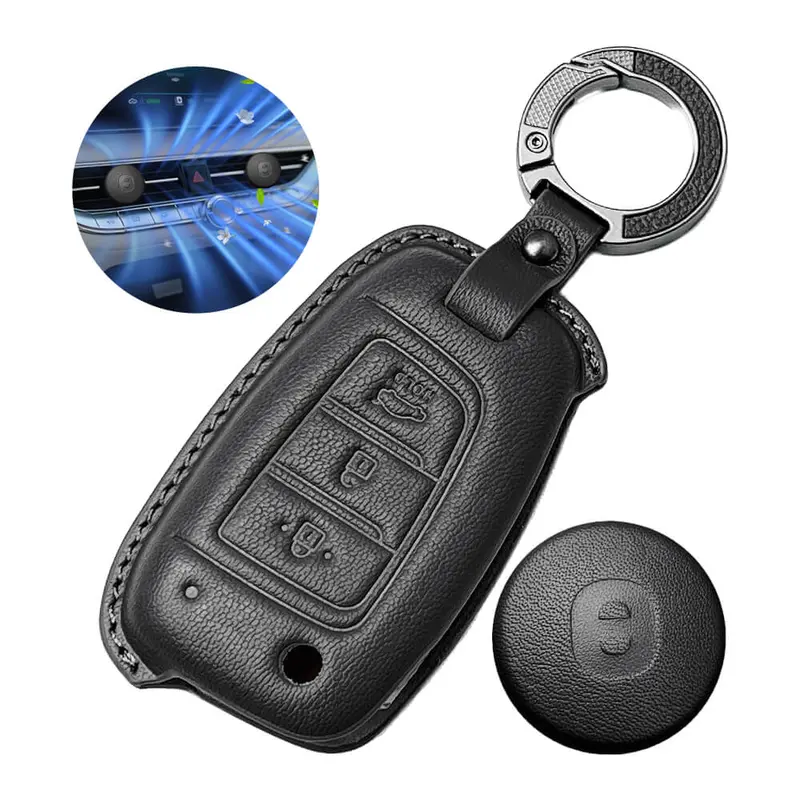 Keyzone Leather Key Cover & Ac Vent Car Perfume With 4 Fragrances For Hyundai I20, Venue, Kona, Verna 2018 Onwards 3 Button Flip Key(Pk43) 1