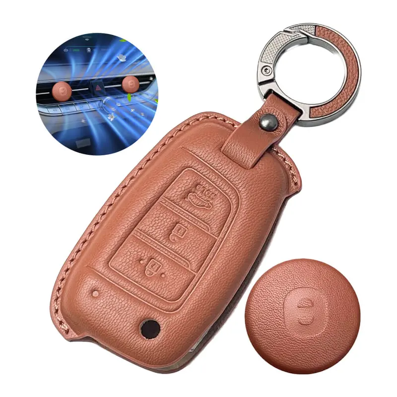 Keyzone Leather Key Cover & Ac Vent Car Perfume With 4 Fragrances For Hyundai I20, Venue, Kona, Verna 2018 Onwards 3 Button Flip Key(Pk43) 4
